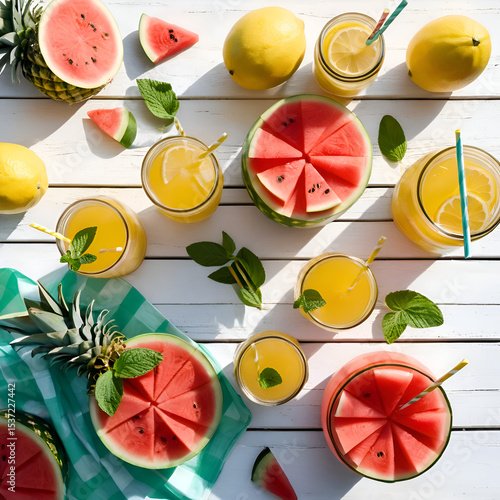 Top-down flat lay of vibrant summer picnic spread on a white rustic wooden table, juicy watermelon wedges, pineapples, citrus slices, mint leaves, mason jars with iced lemonade and colorful straws