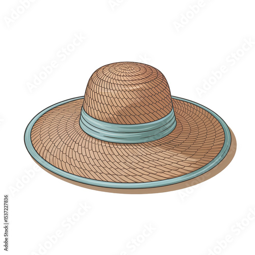 Illustration of a straw hat with a blue ribbon on a transparent background for summer fashion