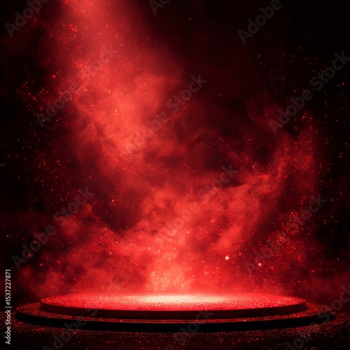 Red background. Stage podium with red smoke, golden spotlight and glitter on dark background. Theatre show and award ceremony concept. Red abstract background