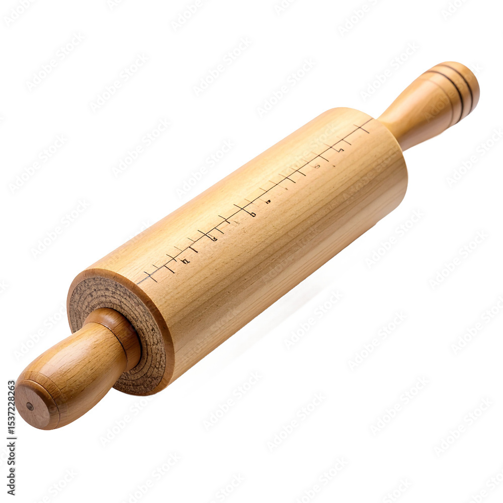 Wooden rolling pin with measurement markings, culinary tool for baking preparation, isolated on transparent background Wooden rolling pin with measurement markings, culinary tool for baking preparation, isolated on transparent background