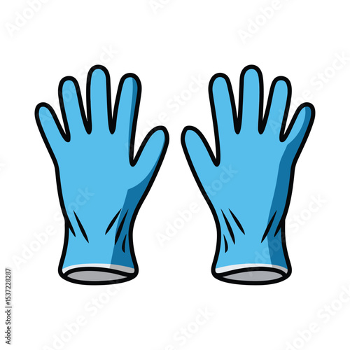 A clean, vector-style illustration of a pair of bright blue disposable gloves, shown with the palms facing outward.