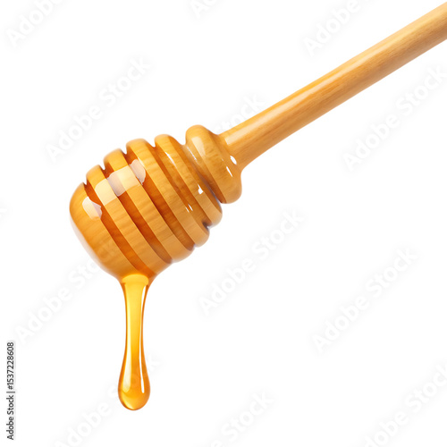 Honey dipper dripping sweet golden honey isolated on a white background