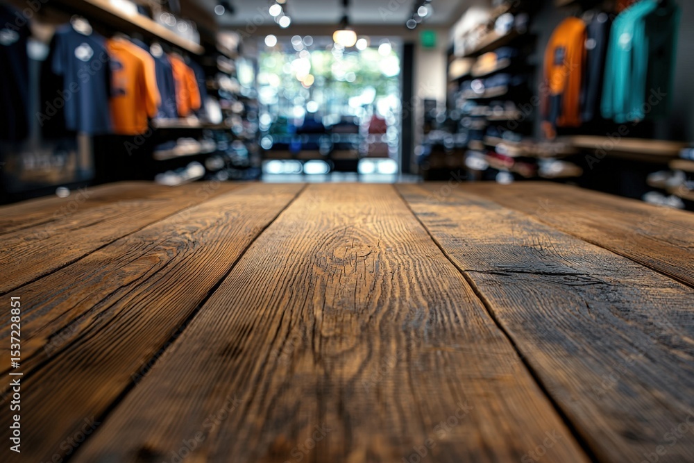 Wooden tabletop in a clothing store with blurred apparel display in the background Wooden tabletop in a clothing store with blurred apparel display in the background