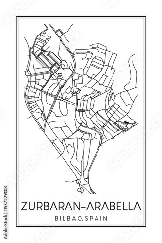 Hand drawn printable downtown road map poster of district ZURBARAN-ARABELLA of the Spanish city of BILBAO on solid white background with city name