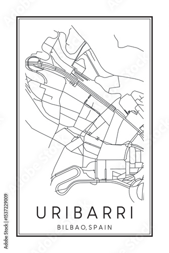 Hand drawn printable downtown road map poster of district URIBARRI of the Spanish city of BILBAO on solid white background with city name