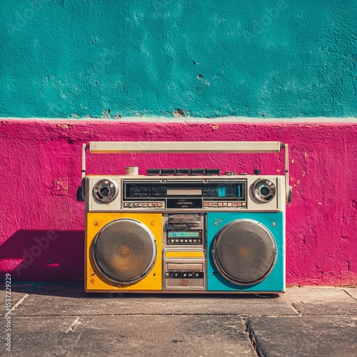Retro boombox ghetto blaster outdated portable radio receivers with cassette recorder from 80s front gradient colored wall background. Rap, Hip Hop, R&B music concept. Vintage old style filtered photo