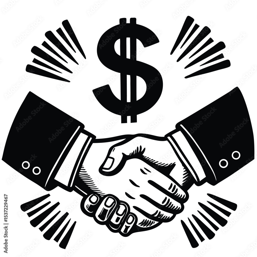 Financial Deal Handshake Agreement & Dollar Sign Illustration Financial Deal Handshake Agreement & Dollar Sign Illustration