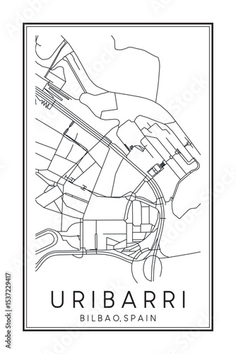 Hand drawn printable downtown road map poster of district URIBARRI of the Spanish city of BILBAO on solid white background with city name