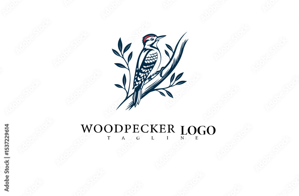 Obraz premium Stylish Nature Bird Logo Featuring Woodpecker on Tree. Elegant Vector Design for Outdoor Packaging Concepts, Wildlife Teams, and Sustainable Branding Ideas.