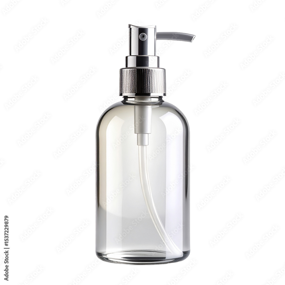 Obraz premium Minimalist transparent pump bottle perfect for hygiene products presentation on transparent background