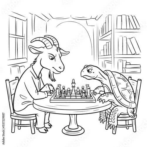 Goat and turtle playing chess in library cartoon line drawing illustration