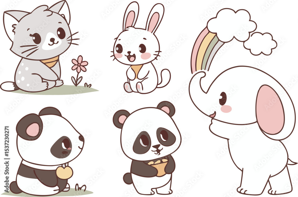 Obraz premium Cute Kawaii Animals Vector Set. Adorable Cartoon Animal Illustration Pack. Colorful Kawaii Animal Characters Collection. Sweet Pet Icons in Kawaii Style. Lovely Animal Faces