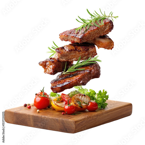 Floating Grilled Meat with Fresh Herbs, png clipart element with transparency