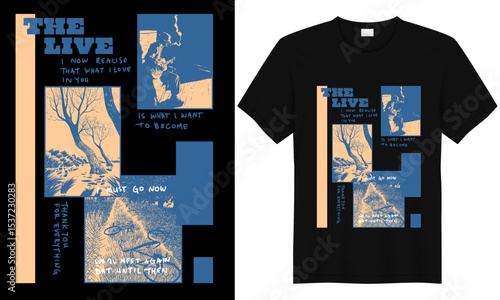 Black T-Shirt Design: An original black t-shirt design features a collage of serene landscapes and emotional prose, embodying a reflective and artistic expression.