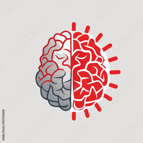 Conceptual illustration of a human brain displayed in two contrasting colored hemispheres