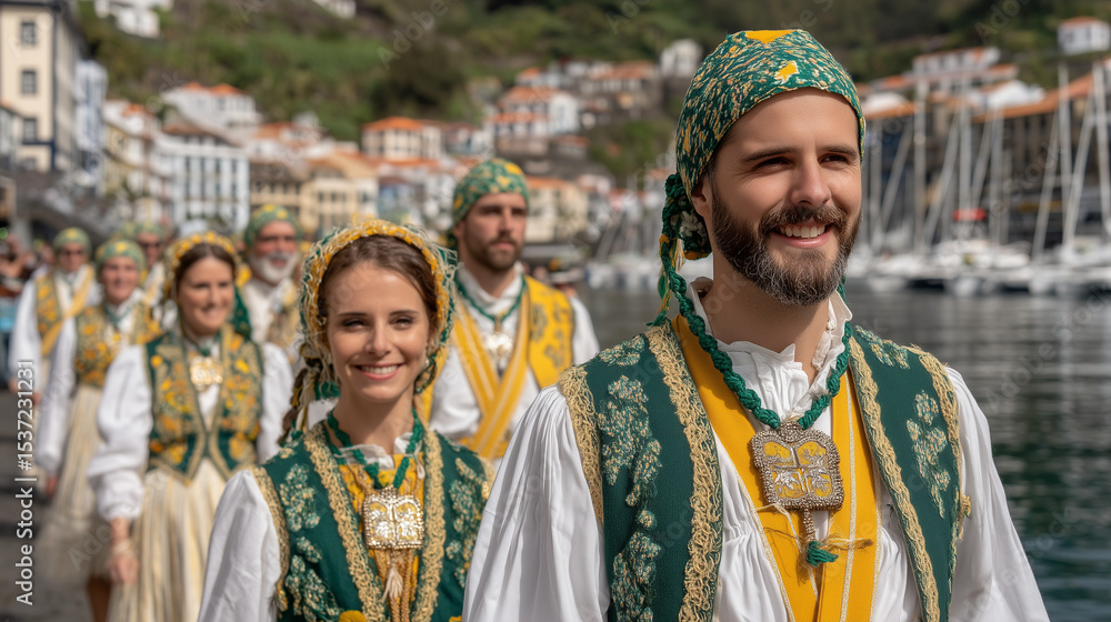 Fototapeta premium Portrait of Women in Floral Headpieces and Traditional Dresses Celebrating Magdalena Festival by Seaside Cliffs