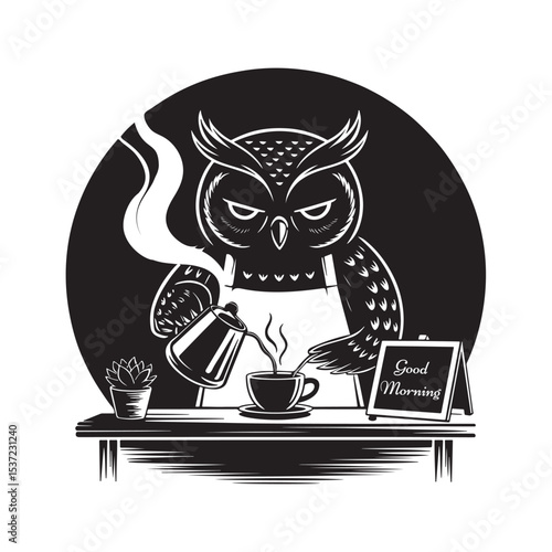 Owl making coffee in cafe with apron and cup cartoon animal barista silhouette illustration