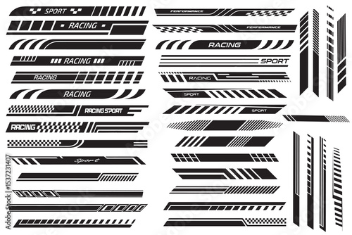 racing stripe vector set, race car vector, checkered flag designs, racing stripe speed, decal patterns, dynamic lines, competition, automotive graphics, black and white finish line motorsport. V3