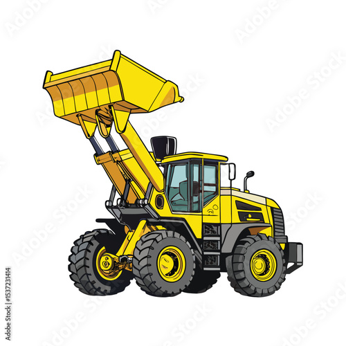 A bright yellow front end loader construction vehicle in vector illustration style