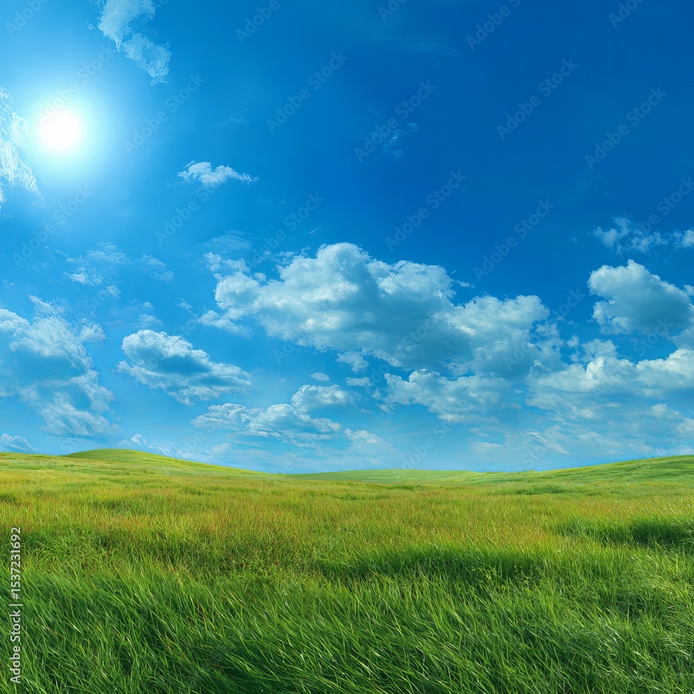 Fototapeta premium Summer meadow landscape vector Illustration with green grass and blue sky. Can be used for traveling, summer outdoor recreation and vacationor farming industry concepts.