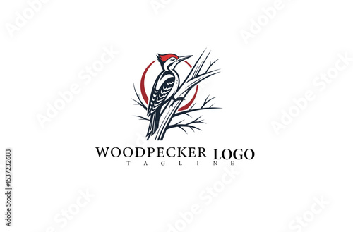 Elegant Nature-Themed Woodpecker Logo Design. Beautiful Bird Perched on Tree Trunk in Detailed Vector Illustration. Great for Eco-Branding, Wildlife Logos, and Outdoor Companies.

