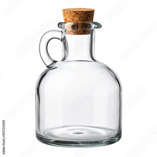 Elegant clear glass cruet with cork stopper, perfect for culinary oils and vinegars on transparent background