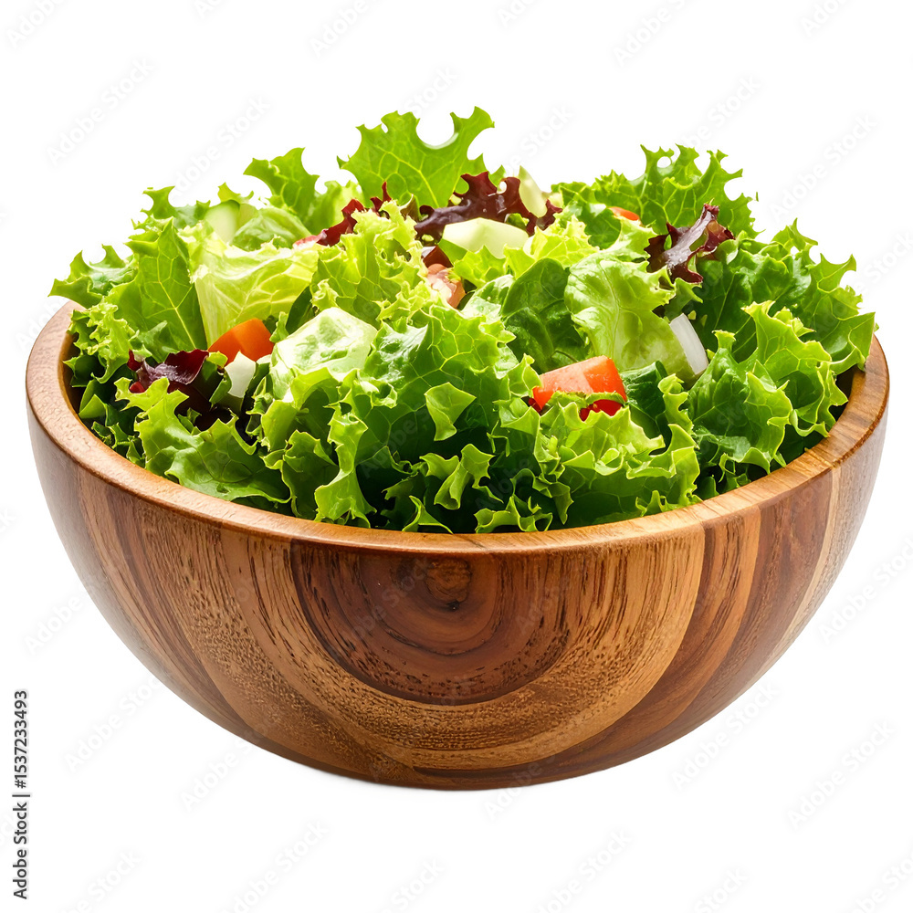 Crisp leafy green salad in wooden bowl perfect for balanced nutrition on transparent background Crisp leafy green salad in wooden bowl perfect for balanced nutrition on transparent background
