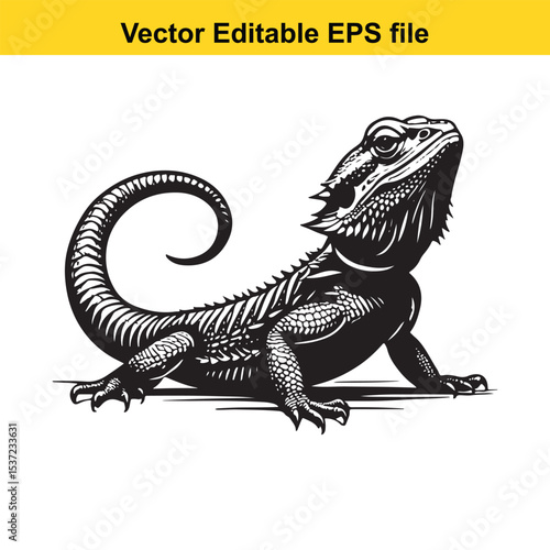 Detailed Black and White Vector Illustration of a Bearded Dragon A Striking Reptilian Design for Nature Enthusiasts and Tattoo Art