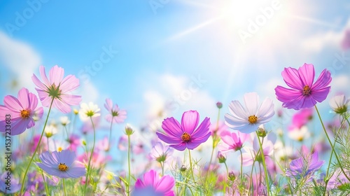 A vibrant field of pink and white flowers under a bright blue sky. Sunlight illuminates the scene, creating a cheerful atmosphere.