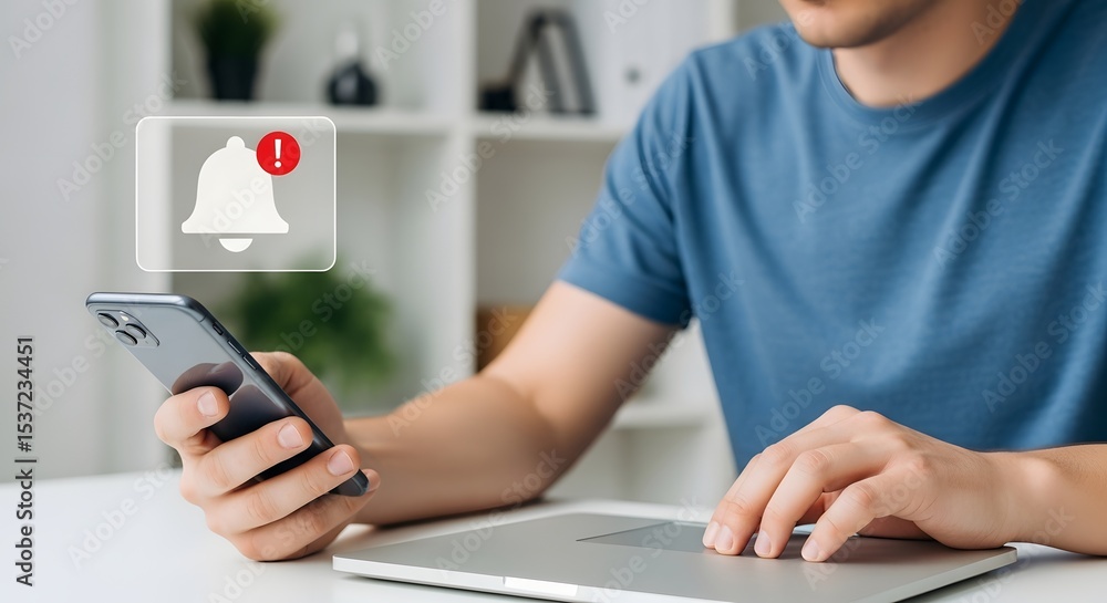 Fototapeta premium Important Mobile Phone Notification Alert Man Receiving Urgent Message