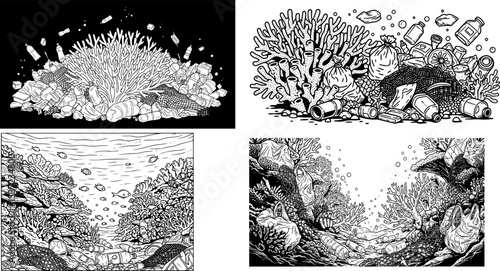 coral reef surrounded by trash pollution
