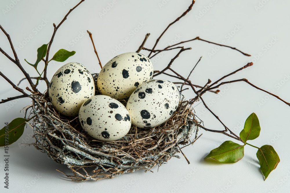 Obraz premium Speckled eggs in a bird's nest with green leaves and twigs