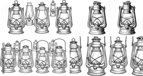 kerosene lanterns in vintage engraved sketch outline style
