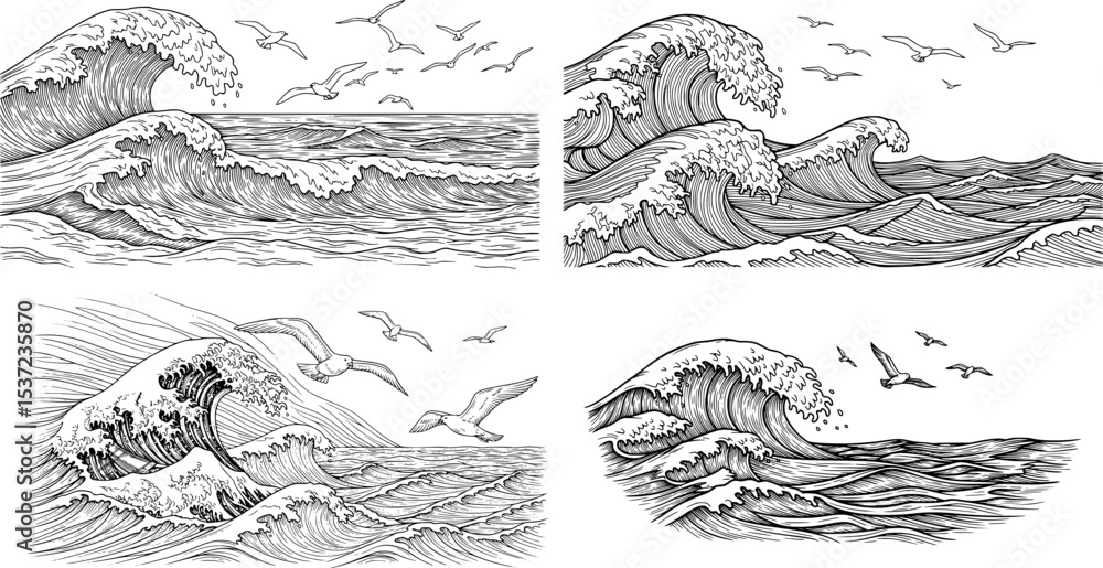 Obraz premium ocean waves with splashing water in hand-drawn doodle sketch style 