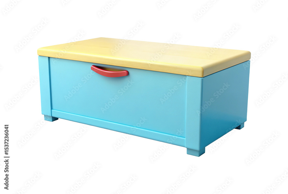 Light Blue Wooden Toy Box with Yellow Lid and Red Handle Isolated Light Blue Wooden Toy Box with Yellow Lid and Red Handle Isolated