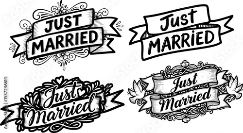 just married banner hand drawn vector illustration

