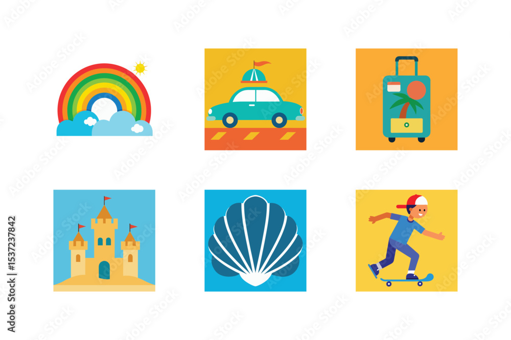 Naklejka premium Colorful summer travel icons depicting vacation adventures and recreational activities