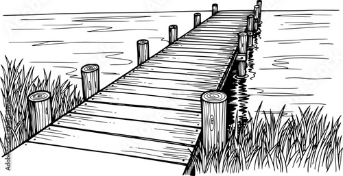 hand-drawn wooden pier extending into water with grass on both sides in black and white
