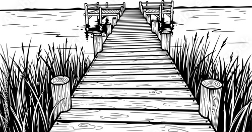 hand-drawn wooden pier extending into water with grass on both sides in black and white
