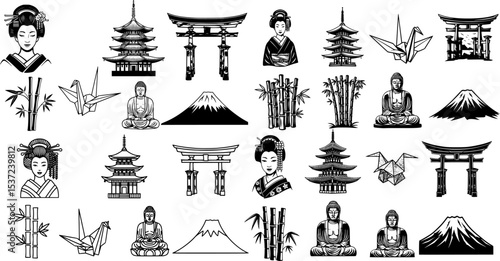 japanese icon set black shape vector geisha, pagoda, torii gate, origami, bamboo, buddha, Mount Fuji
