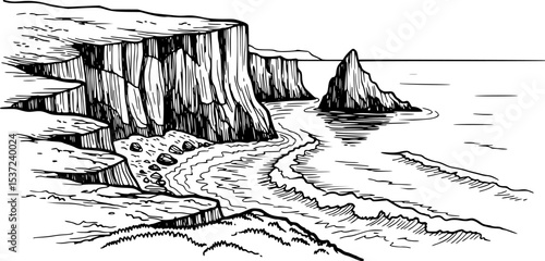 sea cliff coastline hand drawn vector illustration
