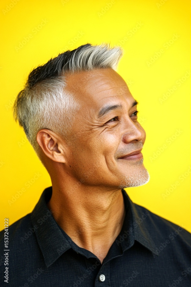 Fototapeta premium Visual idea layout idea of style for aging men. Yellow solid background. A sophisticated male posing with grace. Chic men's low fade haircut - midlife southeast asian man with middle hair.
