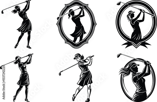 Black silhouettes set of professional golf players in different poses, standing, walking. celebrating win. Vector clipart collection isolated on transparent background
