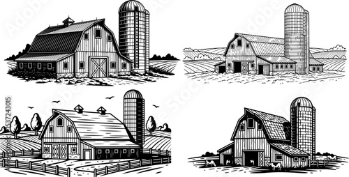 traditional countryside farm with barn and silo
