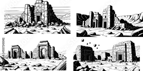 ancient stone ruins in desert with scattered rocks
