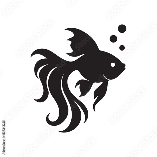 A black silhouette of a goldfish with flowing fins and bubbles on a white background illustration