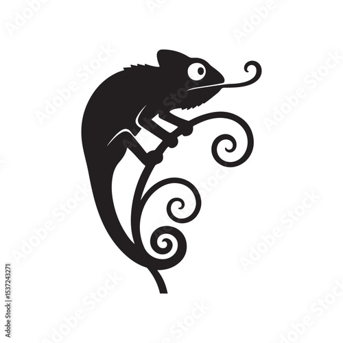 Silhouette of a chameleon clinging to a stylized branch with curled tendrils on a white background