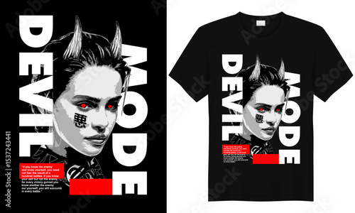 Devil Mode T-shirt Design: A striking t-shirt design featuring a stylized female face with devil horns, bold typography, and a pop art aesthetic. The design is edgy, modern.