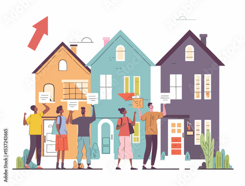 A group of people protesting in front of colorful houses, holding signs and banners addressing housing issues.