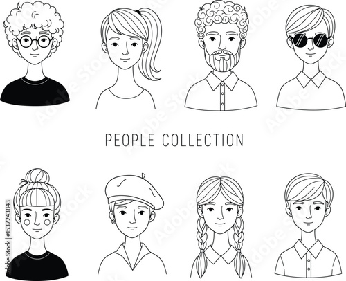Hand-drawn collection of diverse characters with different hairstyles and accessories, perfect for illustrations representing individuality, fashion